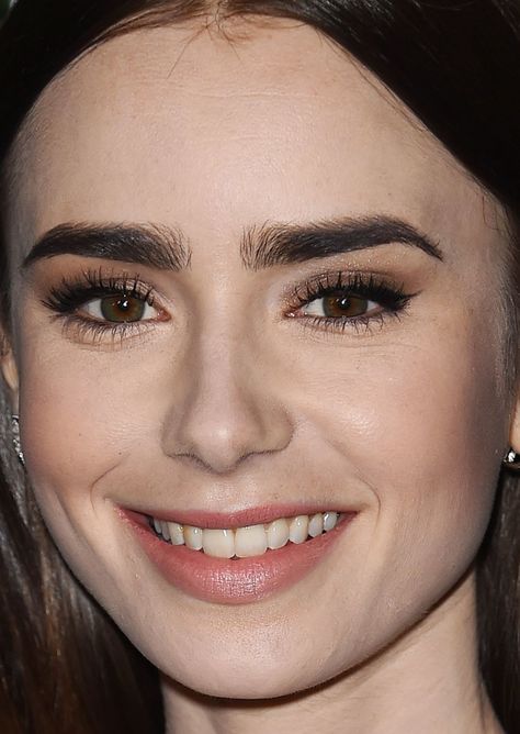 Close-up of Lily Collins at the 2017 GO Campaign Gala. Lily Collins Eyebrows Natural, Lily Collins Eyebrows, Lily Collins Makeup, Bronze Smokey Eye, Bold Eyebrows, Celebs Without Makeup, Makeup For Older Women, Celebrity Makeup Looks, Celebrity Skin