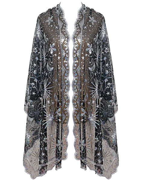 PRICES MAY VARY. Size: 22.8-63in, Fringe 7.0in. The dressy shawls and wraps for evening wear is super soft, comfortable and lightweight. This see-through lace Sequin shawl is a gorgeous accessory for spring, summer, winter and fall from day to night. Design: The vintage 1920s wrap for women is designed with sequin flower trim and scallop edge detail. A lovely lightweight scarf which makes a great gift for Valentine's Day, stuffer for Christmas, Thanks Giving, New Year, Mother's Day, Birthday, Gr