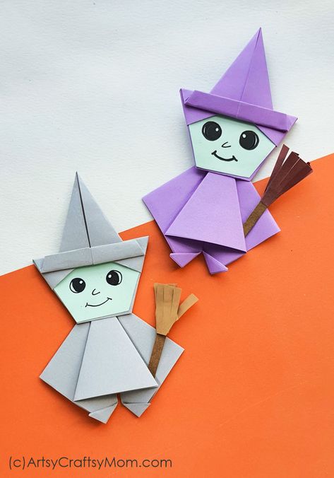 Construction Paper Witch Crafts, Oragami Ideas Halloween, Halloween Easy Crafts For Kids, Halloween Origami Easy, Halloween Crafts Paper, Origami Crafts For Kids, Origami Halloween Decorations, Origami Witch, Diy Halloween Crafts For Kids