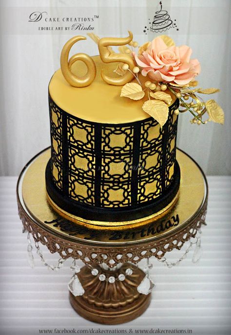 Gold cake with Black punched pattern and sugar Rose for 65th birthday. 65 Birthday Cake Women, Birthday Cake Women, Cake Women, 65 Birthday Cake, 65 Birthday, High Tea Party, Sugar Rose, Moms Birthday, Birthday Cakes For Women