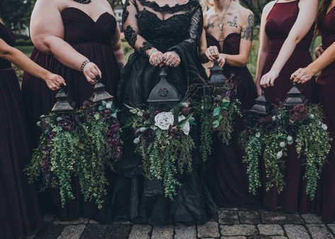 Dark Wedding Ideas Goth, Viking Wedding Centerpieces, Witchy Wedding Aesthetic, Gothic Vow Renewal, Lanterns For Bridesmaids, Witchy Bridesmaids, Vampire Wedding Theme, Gothic Wedding Stationery, Smite Game