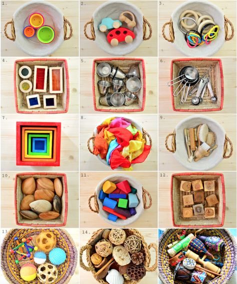 Montessori Loose Parts, Infant Treasure Basket Ideas, Montisouri Ideas, Montessori Treasure Basket, Sensory Basket Ideas, Loose Parts Play For Babies, Montessori Labels, Loose Parts Play Toddlers, Treasure Baskets For Babies