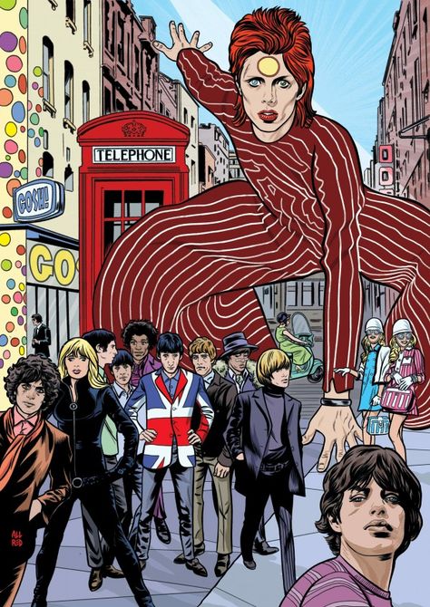 Gosh Comics in London is situated on Berwick Street, a historic road when it comes to British pop music, and part of the London Soho scene. Which makes Mik David Bowie Artwork, Angela Bowie, Mike Allred, David Bowie Art, Bowie Art, Swinging London, Rock Festival, Major Tom, London Print