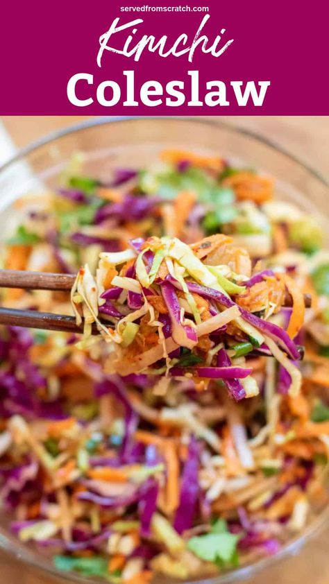 Add a little Asian flair to your summer cookouts! Our Kimchi Coleslaw combines all of the tangy, spicy flavors of the Korean staple with a cabbage slaw! It's sure to be a unique and delicious side on any table! Kimchi Slaw Recipes, Korean Slaw Recipes, Korean Coleslaw Recipe, Kimchi Coleslaw, Korean Coleslaw, Korean Slaw, Spicy Coleslaw Recipe, Kimchi Cabbage, Kimchi Slaw