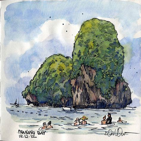 Thailand Travel Journal, Thailand Art Drawing, Thailand Sketch, Thailand Watercolor, Bali Watercolor, Thailand Drawing, Thai Tone, Drawing Beach, Beach Sketches