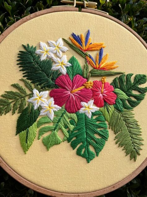 PDF Pattern Tropical Bouquet, Advanced Embroidery, Embroidery Pattern, DIY Embroidery, Hand Embroidery, Hibiscus Floral Embroidery - Etsy Hawaiian Embroidery Patterns, Tropical Embroidery Pattern, Hawaiian Flower Embroidery, Tropical Flowers Embroidery, Tropical Crochet Patterns, Tropical Embroidery Design, Plumeria Embroidery, Hawaiian Embroidery, Hawaii Embroidery