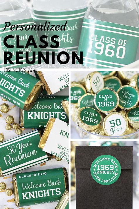 Personalized green class reunion party decorations that match your school colors #greenclassreunion 20 Year Class Reunion Themes, Class Reunion Swag Bag Ideas, Reunion Decorations, Creating Stickers, Reunion Party, Retirement Celebration, Reunion Ideas, High School Reunion, Tent Decorations