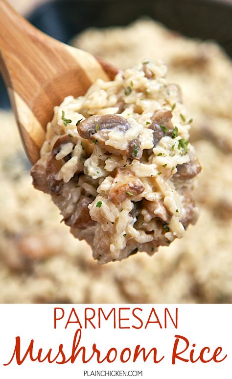 Parmesan Mushroom Rice | Plain Chicken® Mushroom Parmesan Rice, Rice That Goes With Chicken, Recipes That Use Mushrooms, Easy Mushroom Rice, Mushrooms And Rice Recipes, Recipes Using Canned Mushrooms, Rice Recipes Mushroom, Mushroom And Rice Recipes, Mushroom Uses