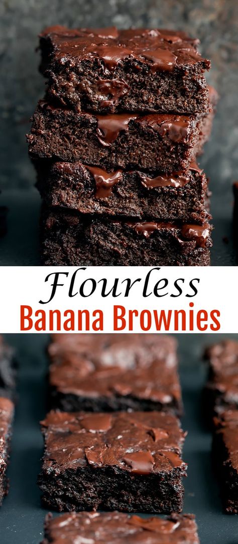 Rich, fudgy, moist brownies. These brownies taste like a cross between banana bread and brownies. The batter can be easily prepped in the blender! Flourless Brown Butter Banana Brownies, Banana Peanut Butter Cocoa Brownie, Peanut Butter Banana Brownies Healthy, Oat Banana Brownies, Paleo Banana Brownies, Brownies With Bananas Substitute, Banana Nutella Brownies, Ripe Banana Brownies, Brownie Recipe With Bananas