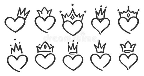 Hand drawn crowned hearts. Doodle princess, king and queen crown on heart, sketch love crowns vector illustration set. Hand drawn crowned hearts. Doodle princess vector illustration Hearts Doodle, King And Queen Crowns, Vintage Tattoo Design, Crown Drawing, Crown Tattoo Design, Queen Tattoo, Heart Doodle, Heart Sketch, Crown Tattoo