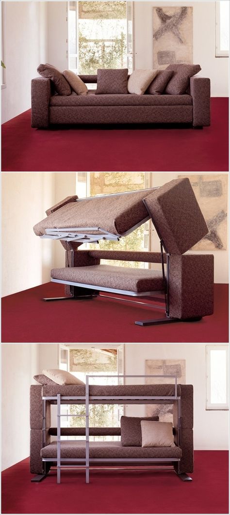 Don't be fooled by its simplicity - A Couch That Converts into a Bunk Bed. How cool is that?! Guest Bedroom Remodel, Kids Bedroom Remodel, Modern Bunk Beds, Small Bedroom Remodel, Space Saving Beds, Bunk Beds With Stairs, Bunk Bed Designs, Couch Design, Space Bedding