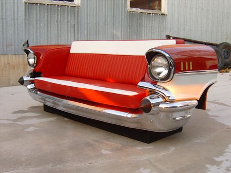 '57 Chevy front end couch Chevrolet 1957, Car Couch, Classic Couch, Tailgate Bench, Car Part Art, Carros Vintage, Car Part Furniture, Automotive Furniture, Couches For Sale