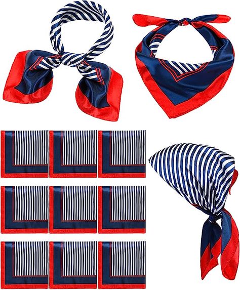 Bonuci 12 Pcs Sailor Scarf Silk Satin Flight Attendant Scarf Square Breathable Lightweight Silk Neckerchief Red White and Blue Stripe Scarf for Women Men Neck Costume Gift, 23.62 x 23.62 Inch at Amazon Men’s Clothing store Sailor Scarf, Flight Attendant Scarf, Nautical Scarf, Stripe Scarf, Silk Neck Scarf, Scarf Square, Scarf Silk, Scarf For Women, Striped Scarves