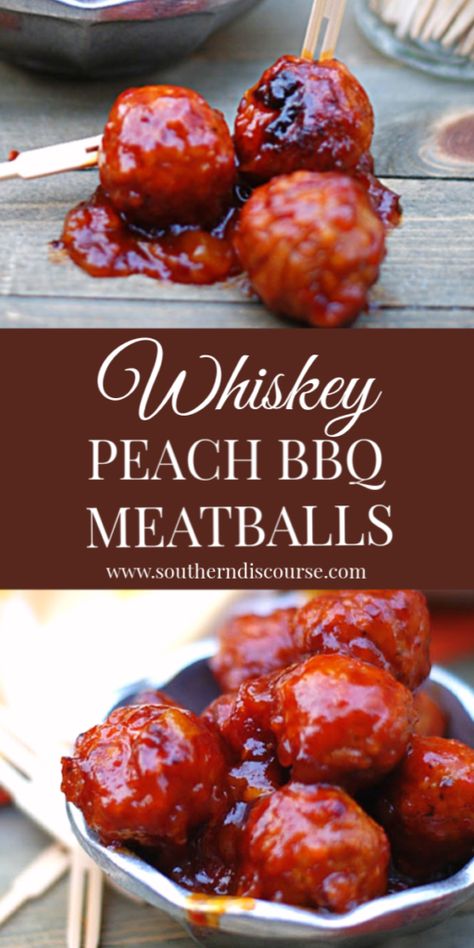 Whiskey Peach BBQ Meatballs - a southern discourse Southern Food Party, Repast Food Ideas, Southern Bbq Appetizers, Southern Bbq Recipes, Horsduerves Party Appetizers, Whiskey Food Recipes, Bbq Meatballs Side Dishes, Southern Bbq Party, Southern Bbq Side Dishes