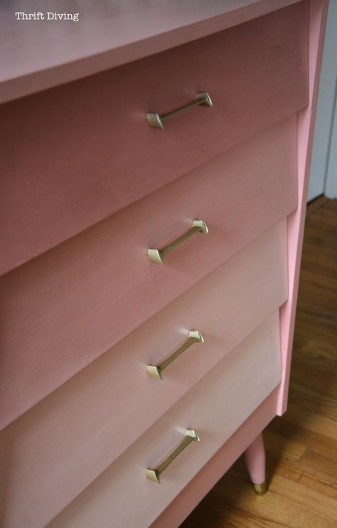 Pink Ombre Mod Dresser Thrift Diving_7235 Mod Dresser, Coral Painted Furniture, Girl Dresser, Pink Dresser, Water Based Wood Stain, Pastel Bedroom, Furniture Flipping, Airbnb Design, Mcm Furniture