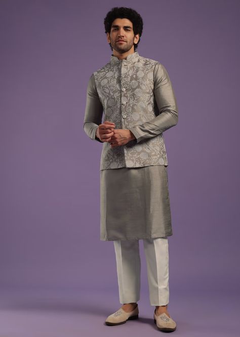 Koti Kurta For Men Wedding, Engagement Looks, Grey Kurta, Men Poses, Indian Wedding Clothes For Men, Waistcoat Designs, Man Wear, Mehndi Outfits, Men's Wedding Outfit