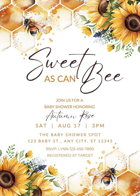 Sweet As Can Bee Shower Ideas, Bee Theme Gender Reveal Invitation, Gender Neutral Shower Theme, Bumble Bee Theme Baby Shower Ideas, Sweet As Honey Baby Shower Ideas, Bee And Sunflower Baby Shower Theme, Bees And Sunflowers Baby Shower Theme, Baby Shower Themes Neutral Summer, Baby Shower No Gender Theme