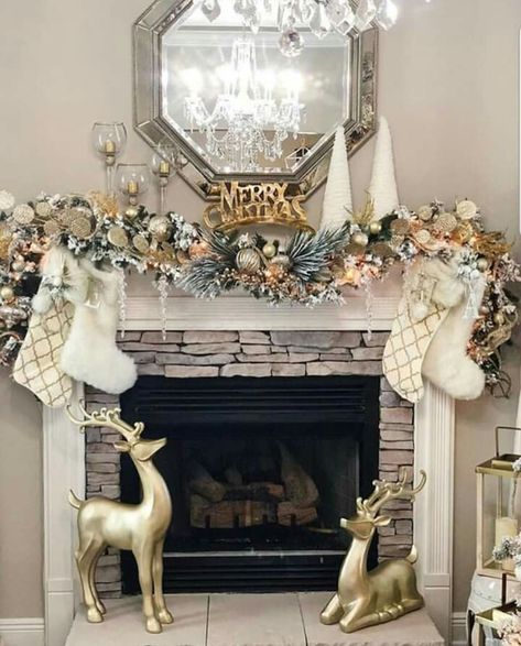 Gold And White Christmas, Mantel Decorating Ideas, Mantel Decor Ideas, Christmas Mantel Decor, Glam Christmas Decor, Mantel Decorating, Glam Christmas, Christmas Fireplace Decor, Christmas Tree Decorations Diy