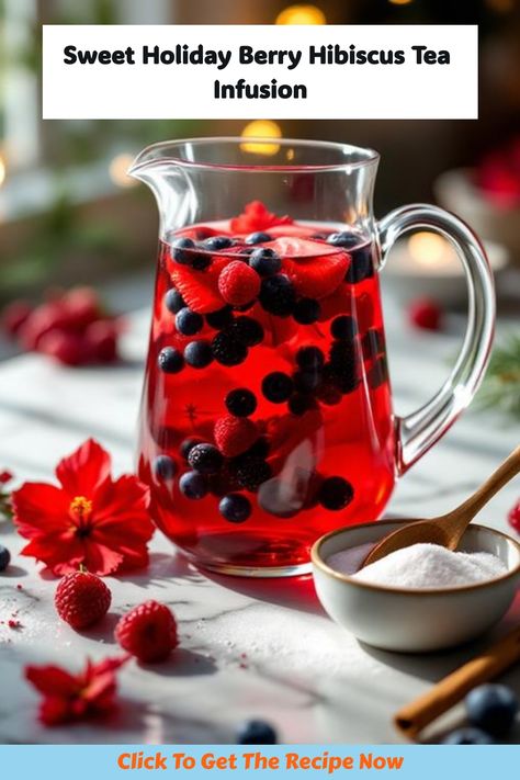 Sweet holiday berry hibiscus tea infusion bursting with flavor to celebrate the holidays. Blueberry Hibiscus Tea, Cranberry Iced Tea, Infused Tea Recipes, Tea Concentrate Recipe, Hibiscus Tea Recipe, Hibiscus Recipe, Fruit Tea Recipes, Tea Infusion Recipes, Simple Ingredient Recipes