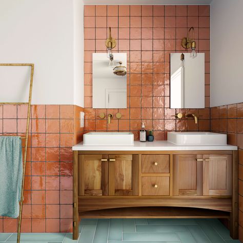 La Riviera Ginger Orange Tile Bathroom, Vintage Tegel, Orange Tiles, Orange Bathrooms, Bad Inspiration, Feature Tiles, Bathroom Inspo, Ceramic Wall Tiles, Wall Tile