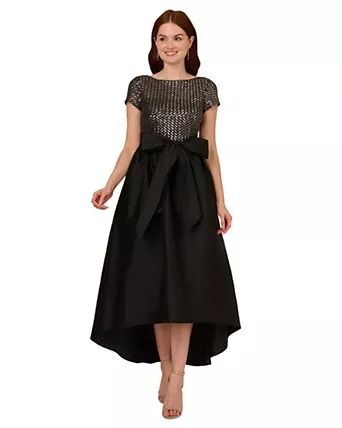 Adrianna Papell Women's Boat Neck Dresses - Macy's Boat Neck Dresses, High Low Dress Formal, High Low Gown, Taffeta Skirt, Boat Neck Dress, Sheer Shorts, Gowns With Sleeves, Groom Dress, Plus Dresses