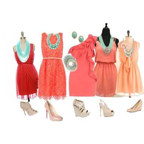 Coral dresses and bright turquoise jewelry. Coral Dresses, Mint Necklace, Coral Bridesmaid Dresses, Color Combos Outfit, Jewelry Stones, Dress Mint, Orange Outfit, Posh Style, Bright Turquoise