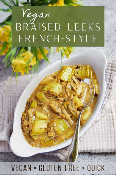 These delicious meltingly soft braised leeks are easy to prepare and make the perfect vegan side dish for a roast or a jacket potato or even on toast! #braisedleeks #veganleekrecipes #veganleeks #vegetarianleeks Leeks Side Dish, Leek Recipes Side Dishes, Roasted Leeks, Braised Leeks, Leek Recipes, Jacket Potato, Vegan Side Dishes, On Toast, Entree Recipes