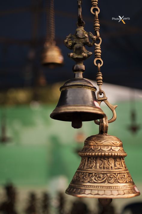 Temple Bells Photography, Temple Bells Painting, Indian Temple Photography, Bells Painting, Temples Photography, Temple Gopuram, Bell Painting, Temple Aesthetic, House Temple