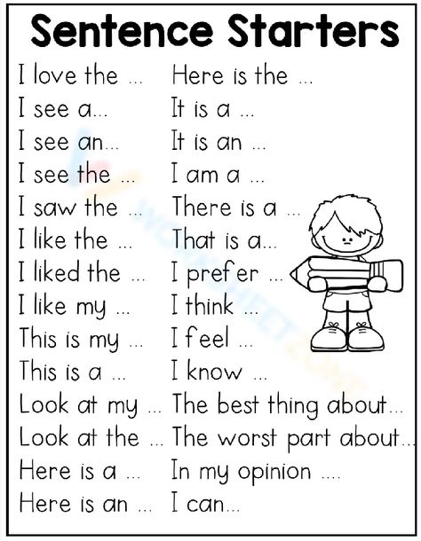 100 creative writing prompts and sentence starters to help you get started on your next writing project. Whether you're a student, a writer, or just someone who enjoys writing, these prompts will help you generate ideas and get your creative juices Beginning Sentence Writing, 1st Grade Sentence Writing, First Sentence Ideas, Basic Sentences In English For Kids, I See Worksheet, Dictation Sentences First Grade, Sentence Starters Writing, Sentence Starters For Stories, Sentence Starters Prompts