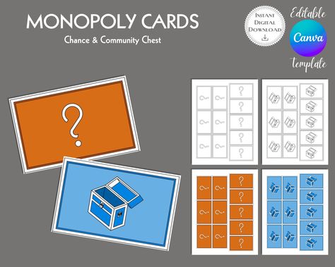 Monopoly Cards Editable Canva Template, Chance and Community Chest Monopoly Chance Cards Printable, Monopoly Community Chest Cards, Custom Monopoly, Monopoly Cards, Realistic Oil Painting, Monopoly Game, Agenda Template, Game Printable, Classic Games