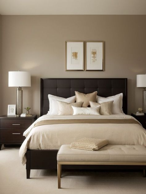 Transform your bedroom with an accent wall in a warm beige shade, creating a serene and inviting atmosphere. Enhance the design with sleek modern furniture pieces and incorporate metallic accents for a touch of elegance. Room Painting Bedroom, Dark Brown Bedrooms, Dark Wood Bedroom Furniture, Brown Bedroom Decor, Dark Wood Bedroom, Brown Furniture Bedroom, Bedroom Wall Colors, Brown Bedroom, Accent Wall Bedroom