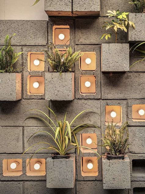 Selfie Wall Ideas Restaurant, Playground Restaurant, Modernist Interior, Cinder Block Walls, Vertical Garden Design, Compound Wall, Interior Design Elements, Restaurant Architecture, Loop Design