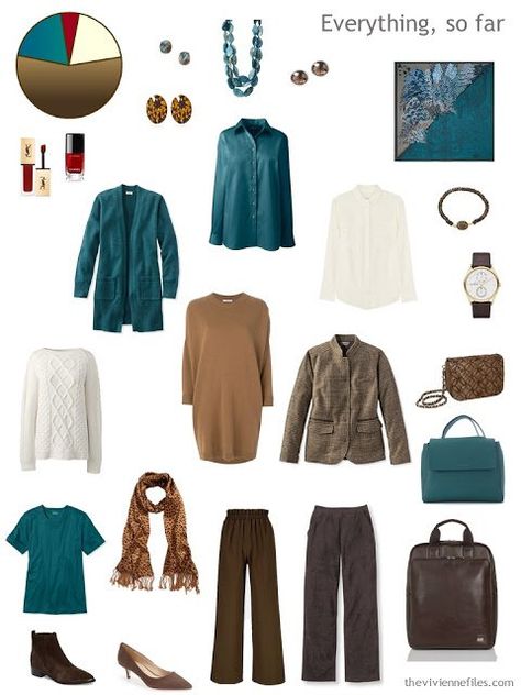 travel capsule wardrobe in brown and teal with cream Teal And Brown Outfits For Women, Teal Color Outfits, Concept Wardrobe, Teal Outfits, Capsule Dressing, Project 333, Blue Autumn, Teal Pants, Vivienne Files