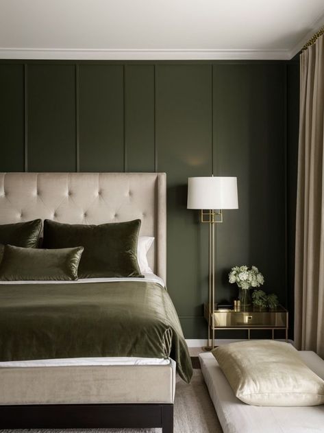 Olive Green Accent Wall, Olive Green Accents, Green Bedroom Paint, Green Accent Wall, Olive Green Bedrooms, Bedroom Accent Wall, Green Bedroom Walls, Brass Wall Sconces, Parents Bedroom