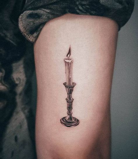 Stick Design Ideas, Small Candle Tattoo, Candle Stick Tattoo, Burning Candle Tattoo, Candlestick Tattoo, Candle Tattoo Design, Trident Tattoo, Stick Tattoo, Best Candle