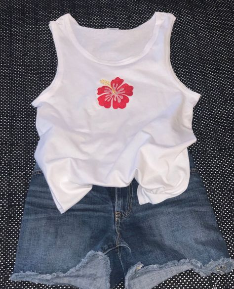 Flower Shirts Aesthetic, Hibiscus Halter Top, Hibiscus Clothes Aesthetic, Hibiscus Flower Swimsuit, Hibiscus T Shirt, Embroidered Hibiscus Flower, Hibiscus Print Clothes, Hibiscus Flower Shirt, Summer T Shirts Women