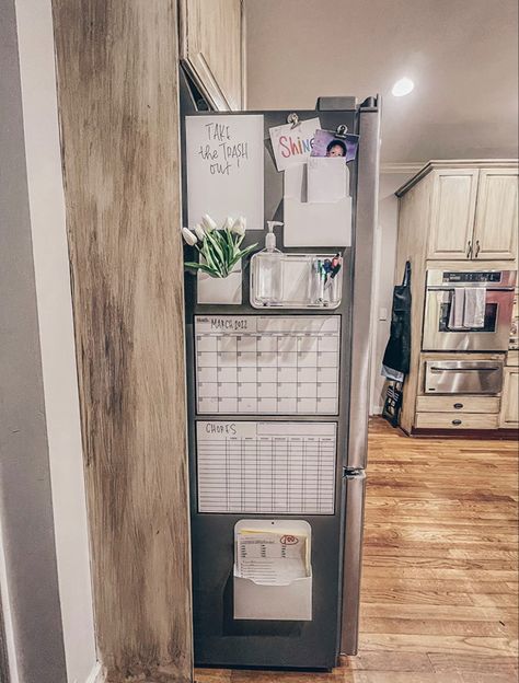 Fridge Board Ideas, Family Command Center Side Of Fridge, Side Of Fridge Calendar, Magnetic Fridge Command Center, Side Of Fridge Magnetic Storage, Homework Command Center, Command Center Apartment, Fridge Dry Erase Board Ideas, Fridge Dry Erase Board