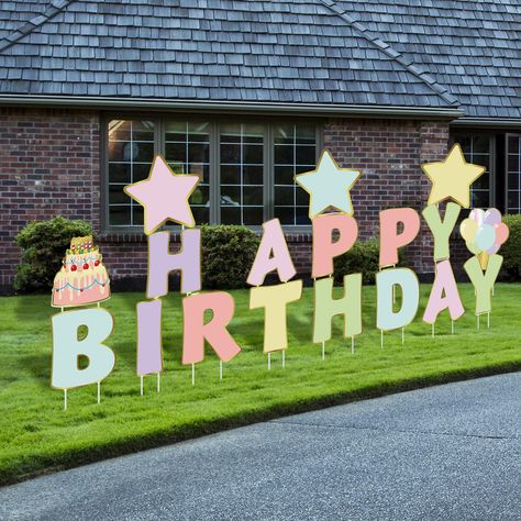 PRICES MAY VARY. Complete Birthday Decoration Package: you will receive 18 pieces of stylish birthday lawn decoration signs, consisting of 13 letters to construct [Happy Birthday]; Additionally, we have1 balloon, 1 birthday cake, and 3 star pieces; The entire set comes equipped with 36 sturdy stakes making secure installation Vibrantly Colored Birthday Decor: our Birthday Yard signs is in pastel colors, combining tasteful and sparkly elements that are sure to elevate your party atmosphere; Be it Decorations For Birthday Party, Cake Balloon, Patio Decorations, Happy Birthday Yard Signs, Lawn Decorations, Birthday Yard Signs, 1 Birthday, Outdoor Lawn, Yard Signs