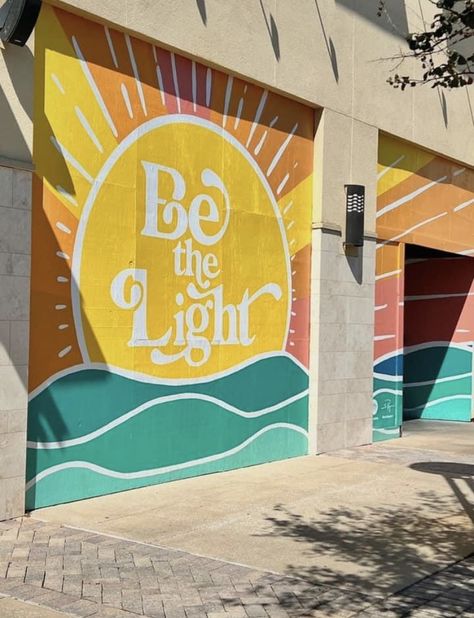 Positive Wall Painting Ideas, Dorm Mural Ideas, Murals For Elementary School, Painted Buildings Mural, Urban Murals Ideas, Painted Sun Mural, Curb Painting Ideas, Positive Wall Murals, Murals For School Walls