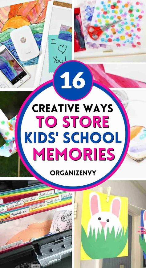 16 Beautiful Ways to Store & Organize Kids' School Work Memories Storing Kids Artwork, Kids Artwork Storage, Organizing Kids Artwork, Kids School Organization, School Work Organization, Ideas For Recycling, Kids School Papers, Photo Storage Box, Displaying Kids Artwork