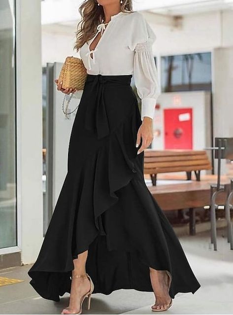 Ruffle Long Skirt, Womens Skirt Outfits, Long Black Skirt, Maxi Skirts Summer, High Waist Long Skirt, Long Skirt Fashion, Solid Skirt, Rock Outfit, Fishtail Skirt