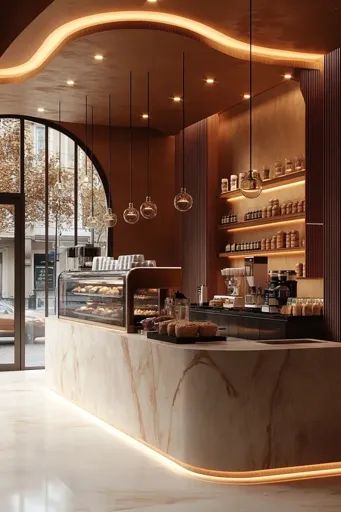 ↑↑↑ Larger size on website 🔸 The image shows a modern cafe interior with a marble counter and sleek, minimalist design. The count Wall Of Shelves, Luxury Cafe, Cafe Display, Modern Cafe, Glass Display Case, Coffee Shops Interior, Warm Lighting, Marble Counter, Cafe Interior Design