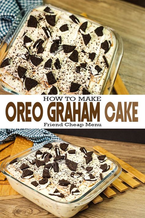 Oreo Graham Cake - No Bake Cake ( 4 Ingredients Recipe ) How To Make Oreo Cake or Oreo Graham Cake No Bake Recipe. Oreo Graham Cake is Made of 4 Ingredients: Graham Crackers, Oreo Cookies, All Purpose Cream and Condensed Milk. A Simple Cake Recipes for any Occasions. #Oreograhamcake #oreocake #nobakecake Oreo Graham Cracker Crust, Oreo Graham Cracker Dessert, Graham Cake Filipino, Easy Oreo Ice Cream Cake, Small Oreo Cake Recipe, Mango Graham Cake, Simple Cake Recipes, Chocolate Ice Box Cake Graham Crackers, Mango Graham