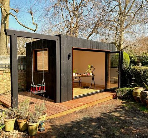 Black Shed, Small Garden Shed, Small Yard Landscaping, Garden Cabins, Garden Home Office, Cedar Cladding, Studio Shed, Hardwood Decking, Backyard Studio