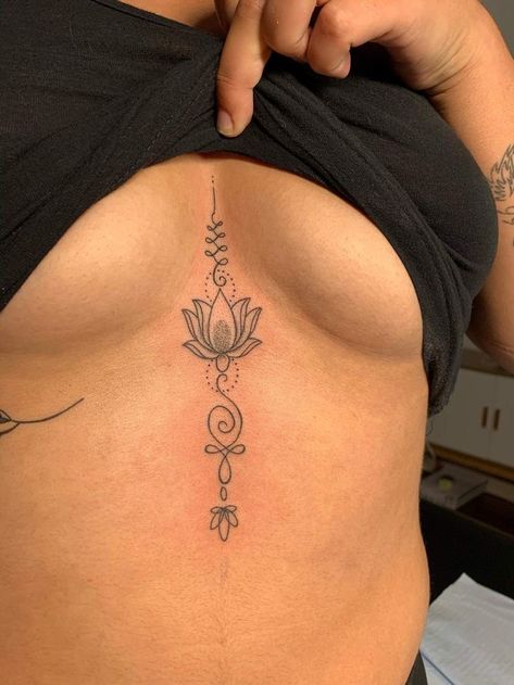 Chest Tattoos For Women Unique, Tatoos Between The Chest, Tattoo Ideas Female Middle Of Chest, Tattoo Ideas Female Symbols, Inner Chest Tattoos For Women, Female Sternum Tattoo Ideas, Inbetween Breast Tattoo Ideas, Girls Chest Tattoos, Simple Stomach Tattoos