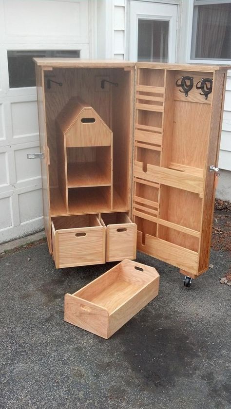 Can’t remember if I posted this or not …. so I apologize if this is a repeat. The Cabinet: 2 Quilt bars 1 Saddle rack 1 Continuous hinge cabinet for riding helmet 1 Grooming tray that stores conveniently under the helmet cabinet for easy access. 1... Tack Locker, Tack Room Organization, Horse Tack Rooms, Equestrian Tack, Saddle Racks, Tack Trunk, Tack Box, Saddle Rack, Woodworking Equipment