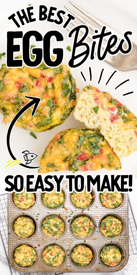 Loaded with yummy eggs, cheese, and veggies, these egg bites a filling breakfast option when you are on the go. Egg Casserole Bites, Bariatric Recipes Egg Bites, Frozen Egg Bites Recipe, Egg Bake Bites, Homemade Egg Bites Healthy, Gina Livy Breakfast Ideas, Egg Bites For Kids, Egg Bites No Cheese, Easy Egg Bite Recipes