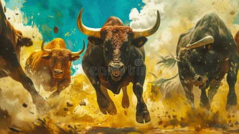 Charging Bulls in a Dusty Stampede royalty free stock photography Charging Bull, Stock Photography Free, Stock Photography, Royalty, Royalty Free, Stock Images, Photography, Animals, Nature