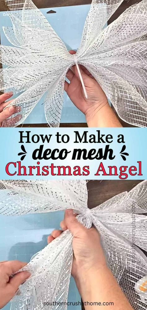 How to Make a Deco Mesh Christmas Angel Craft https://www.southerncrushathome.com/deco-mesh-christmas-angel/ Christmas Angels Diy, Angel Ornaments Diy, Diy Angel Ornaments, Mesh Christmas Tree, Deco Mesh Crafts, Christmas Angel Crafts, Deco Mesh Wreaths Tutorials, Deco Mesh Wreaths Diy, Holiday Wreaths Diy