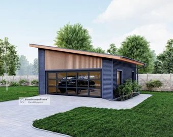 Slanted Roof Garage, Exterior Window Trim Ideas Modern, Roof Pitch Ideas Design, House With Carport On Side, 2 Car Detached Garage Ideas, Workshop Ideas Buildings, Modern Garage Design Interior, 24x24 Garage Plans, Shed Roof Garage